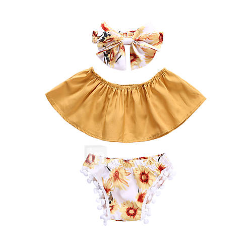 Baby Meisjes Actief Standaard Bloemen Geometrisch Print Ruche Kwastje Mouwloos Kort Katoen Polyester Kledingset Geel huismerk kopen in de aanbieding