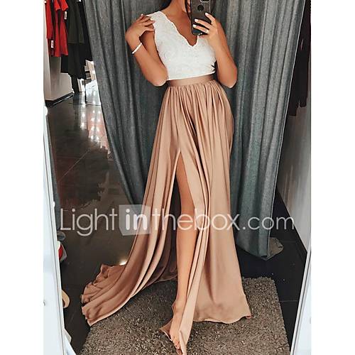 Dames Slank Wijd Uitlopend Jurk Kant Ruche V Hals Maxi huismerk kopen in de aanbieding