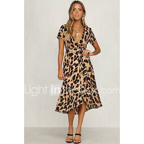 Dames Schede Jurk Diepe V Hals Midi huismerk kopen in de aanbieding