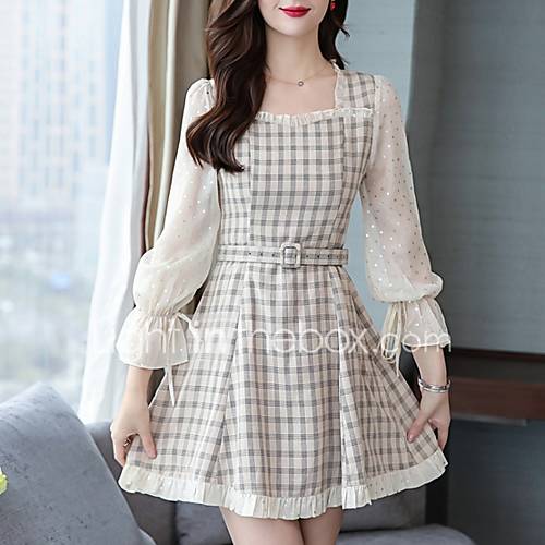 Dames Mini Lijnjurk Vierkante Hals Beige S M L Xl huismerk kopen in de aanbieding