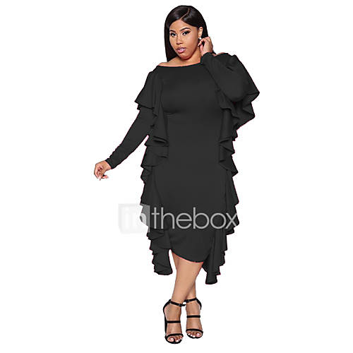 Dames Street Chic Verfijnd Recht Schede Jurk Effen Ruche Tot De Knie huismerk kopen in de aanbieding