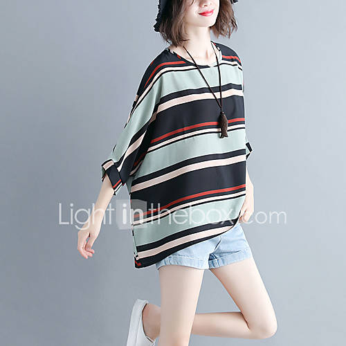 Dames Print T Shirt Gestreept Blauw Een Maat huismerk kopen in de aanbieding