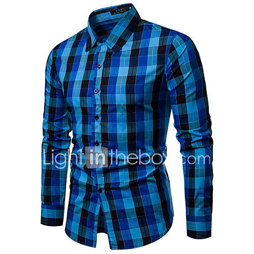 Heren Print Overhemd Kleurenblok Ruitjes Blauw huismerk kopen in de aanbieding