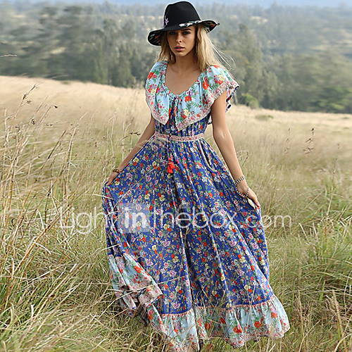 Dames Elegant Wijd Uitlopend Jurk Bloemen Print Maxi huismerk kopen in de aanbieding