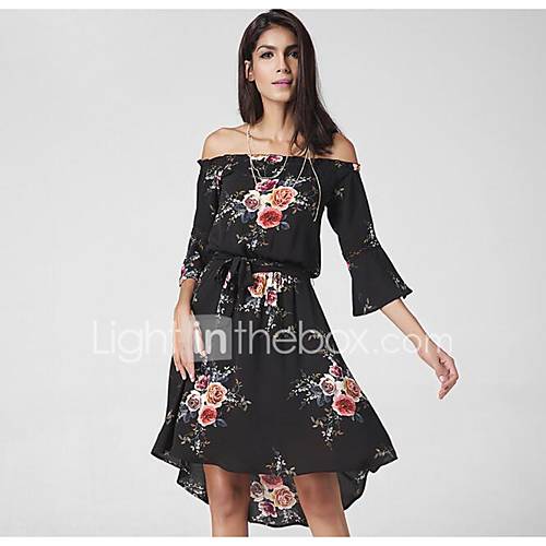 Dames Street Chic Elegant Wijd Uitlopend Jurk Bloemen Patchwork Print Tot De Knie huismerk kopen in de aanbieding