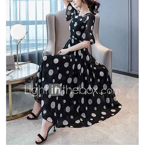 Dames Standaard Boho Wijd Uitlopend Jurk Polka Dot Geometrisch Print Maxi huismerk kopen in de aanbieding