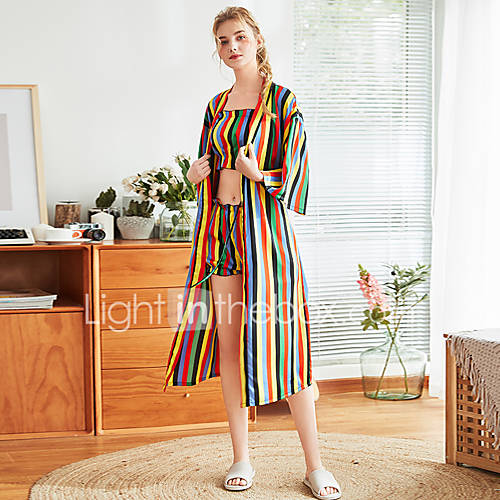 Dames Satijn Zijde Kostuum Nachtkleding Gestreept Regenboog Strik Veters huismerk kopen in de aanbieding Dames Satijn Zijde Kostuum Nachtkleding Gestreept Regenboog Strik Veters huismerk kopen in de aanbieding