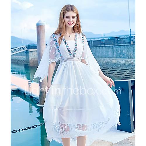 Dames Chiffon Jurk Effen Kant Midi huismerk kopen in de aanbieding