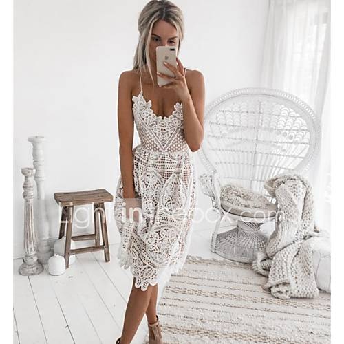 Dames Verfijnd Elegant A Lijn Jurk Effen Kant Blote Rug Lace Trim Tot De Knie huismerk kopen in de aanbieding