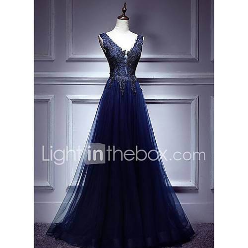 A Lijn Stomp Hals Tot De Grond Tule Jurk Met Appliques Door Lan Ting Express huismerk kopen in de aanbieding