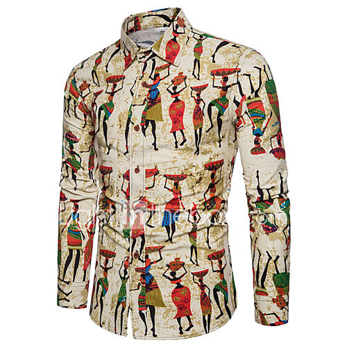 Heren Print Overhemd Kleurenblok Grafisch Beige Xxxl huismerk kopen in de aanbieding