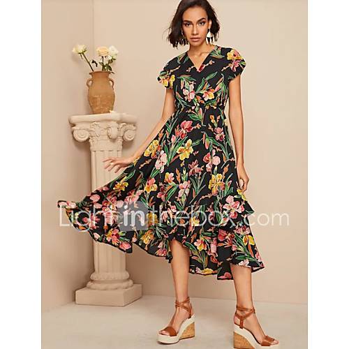 Dames Boho Wijd Uitlopend Jurk Bloemen Print Asymmetrisch huismerk kopen in de aanbieding
