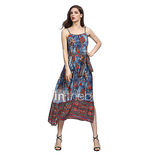 Dames Vintage Boho Schede Wijd Uitlopend Jurk Bloemen Geometrisch Strik Tot De Knie huismerk kopen in de aanbieding