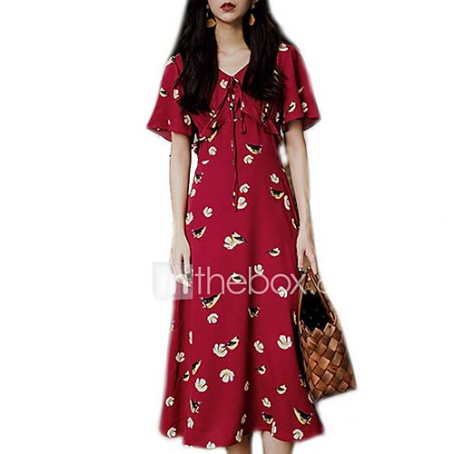 Midi A Lijn Damesjurk V Hals Chiffon Rood S M L Xl huismerk kopen in de aanbieding