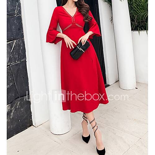 Midi Slim Dames Swingjurk V Hals Rood S M L Xl huismerk kopen in de aanbieding