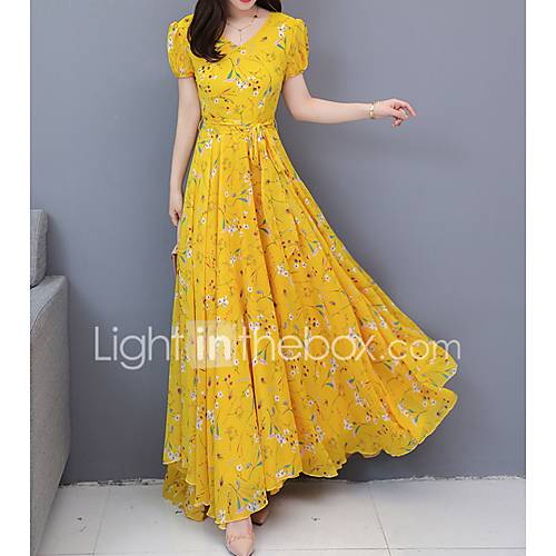 Dames Grote Maten Wijd Uitlopend Jurk Bloemen Print V Hals Maxi huismerk kopen in de aanbieding