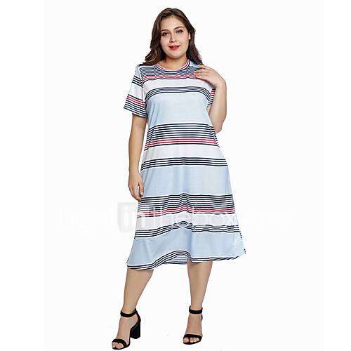 Dames Grote Maten Katoen Ruimvallend Recht Jurk Gestreept Midi huismerk kopen in de aanbieding
