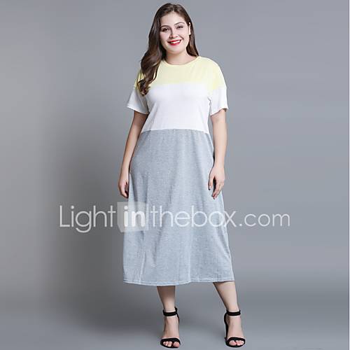 Dames Grote Maten Katoen Ruimvallend Recht Jurk Midi huismerk kopen in de aanbieding