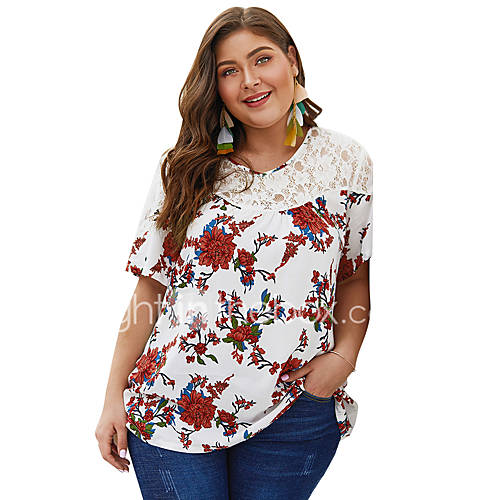 Dames Kant Print T Shirt Bloemen Wit Xxl huismerk kopen in de aanbieding