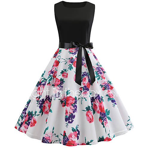 Dames Vintage Schede Jurk Bloemen Print Boven De Knie huismerk kopen in de aanbieding