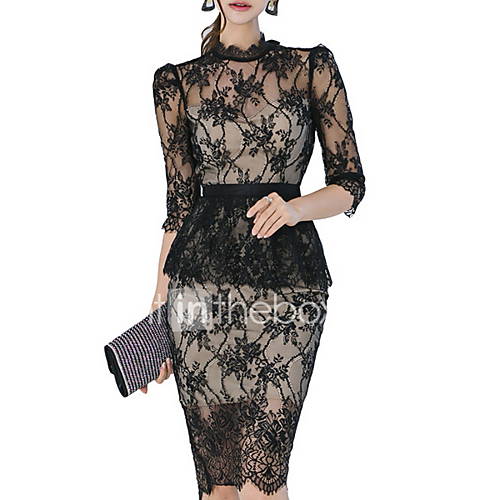 Dames Standaard Schede Jurk Effen Kant Patchwork Tot De Knie huismerk kopen in de aanbieding