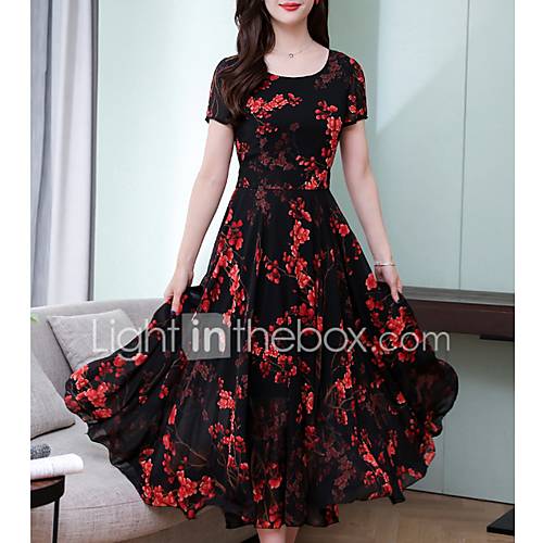 Midi Swing Damesjurk Rood Zwart S M L Xl huismerk kopen in de aanbieding