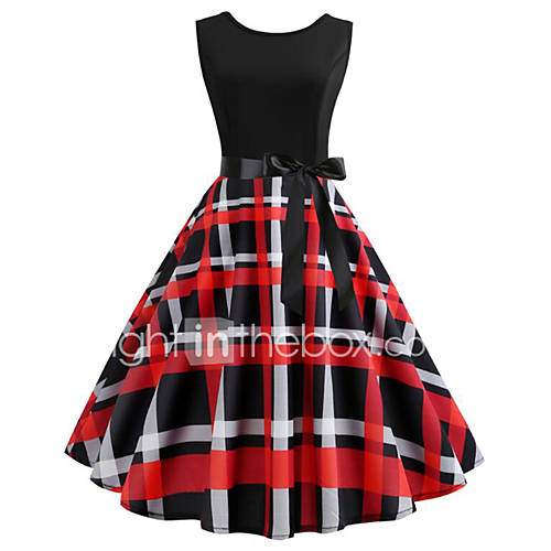 Dames Vintage Wijd Uitlopend Jurk Blokken Print Midi huismerk kopen in de aanbieding