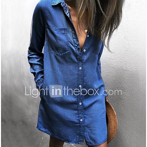 Dames Elegant Overhemd Jurk Effen Boven De Knie huismerk kopen in de aanbieding