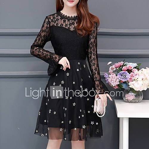 Dames Standaard A Lijn Jurk Polka Dot Kant Patchwork Tot De Knie huismerk kopen in de aanbieding