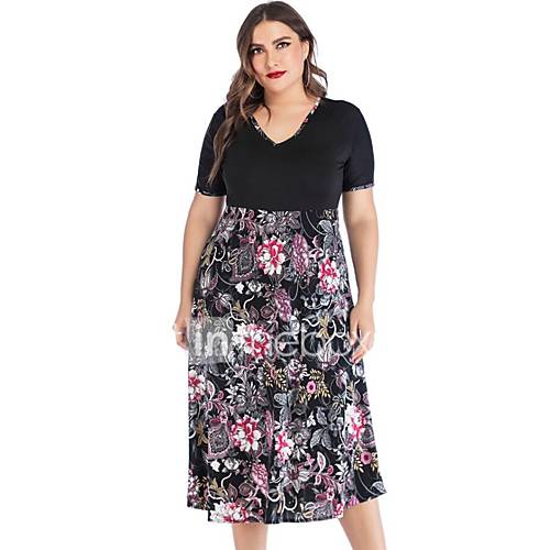 Dames Standaard Chiffon Jurk Bloemen Patchwork Tot De Knie huismerk kopen in de aanbieding