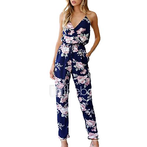 Dames Standaard Bandje Blauw Harem Jumpsuit Bloemen Veters L Xl Xxl huismerk kopen in de aanbieding