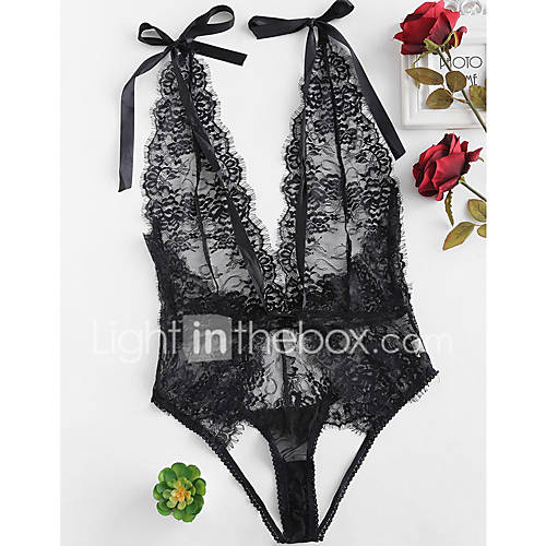 Dames Teddy Nachtkleding Effen Bloemen Geborduurd Kant Blote Rug Strik huismerk kopen in de aanbieding