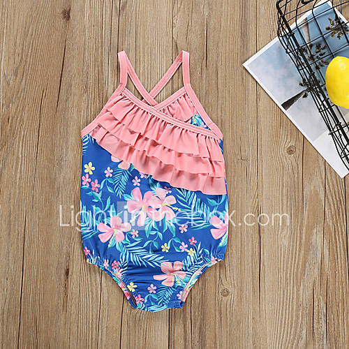 Kinderen Peuter Meisjes Actief Standaard Bloemen Geometrisch Print Blote Rug Ruche Kruiselings Mouwloos Katoen Polyester Badmode Blozend Roze huismerk kopen in de aanbieding