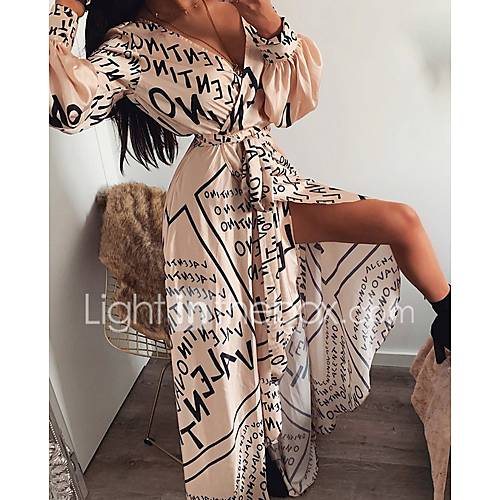 Maxi Swing Jurk Dames V Hals Beige S M L Xl huismerk kopen in de aanbieding