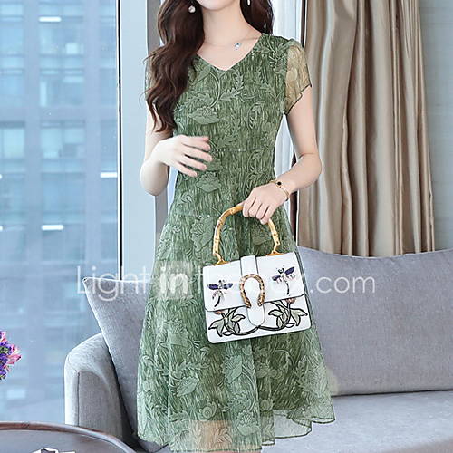 Dames Standaard Chiffon Jurk Effen Tot De Knie huismerk kopen in de aanbieding Dames Standaard Chiffon Jurk Effen Tot De Knie huismerk kopen in de aanbieding