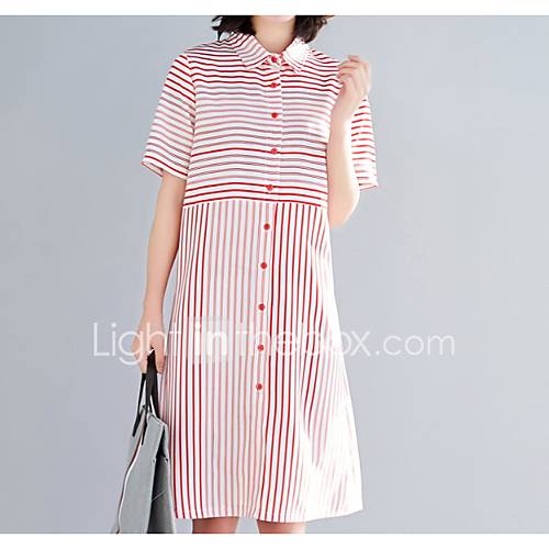 Dames Katoen Ruimvallend Recht Jurk Overhemdkraag Tot De Knie huismerk kopen in de aanbieding