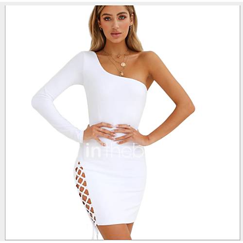 Dames Katoen Bodycon Jurk Een Schouder Boven De Knie huismerk kopen in de aanbieding