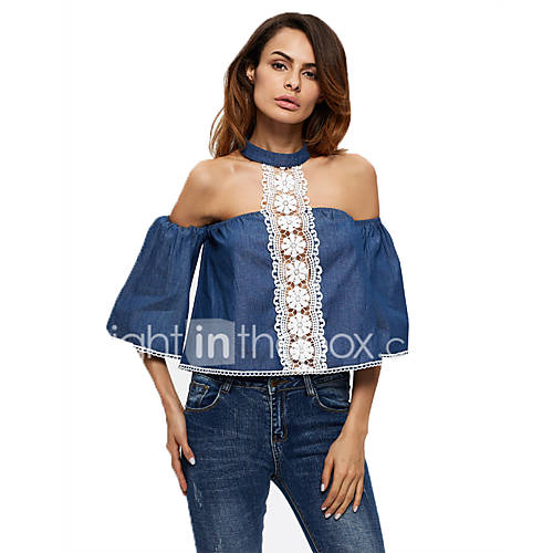 Dames Cut Out Jacquard Lace Trim T Shirt Kleurenblok Blauw huismerk kopen in de aanbieding