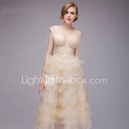 A Lijn Stomp Hals Over De Knie Tule Cocktailparty Jurk Met Door Lan Ting Express huismerk kopen in de aanbieding