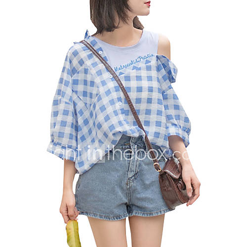 Dames Patchwork Geborduurd Overhemd Kleurenblok Blauw huismerk kopen in de aanbieding