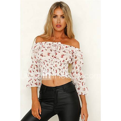 Dames Geplooid Veters Blouse Bloemen Wit huismerk kopen in de aanbieding