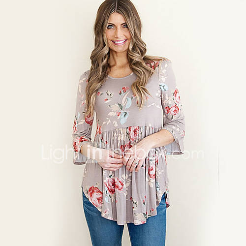 Dames Print T Shirt Bloemen Grijs huismerk kopen in de aanbieding