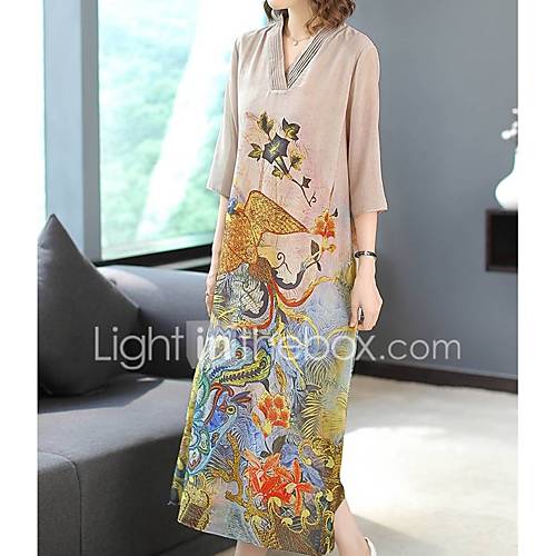 Maxi Swing Damesjurk V Hals Kaki Groen S M L Xl huismerk kopen in de aanbieding