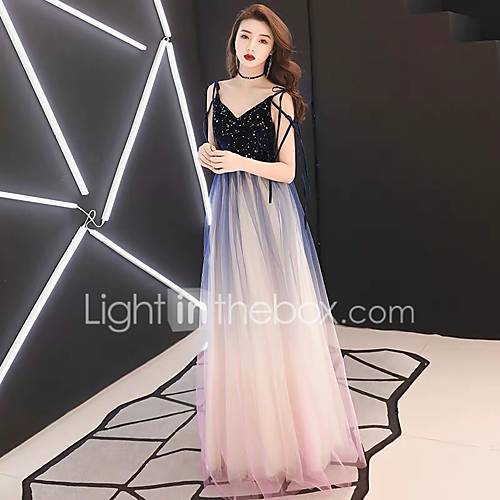 A Lijn Spaghettibandjes Tot De Grond Tule Jurk Met Pailletten Door Lan Ting Express huismerk kopen in de aanbieding