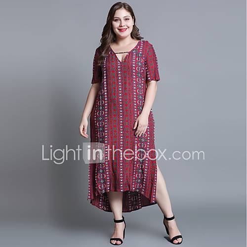 Dames Grote Maten Katoen Ruimvallend Recht Jurk V Hals Midi huismerk kopen in de aanbieding