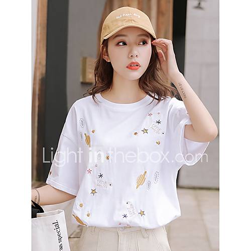 Dames Geborduurd T Shirt Effen Cartoon Wit huismerk kopen in de aanbieding