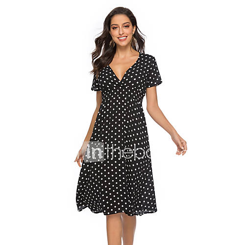 Dames Vintage Boho A Lijn Jurk Polka Dot Bloemen Print Tot De Knie huismerk kopen in de aanbieding