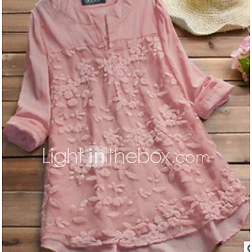 Dames Geplooid Patchwork Lace Trim Overhemd Effen Bloemen Blozend Roze Xxl huismerk kopen in de aanbieding