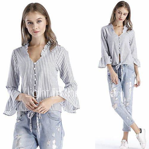 Dames Ruche Veters Print Overhemd Gestreept Licht Blauw huismerk kopen in de aanbieding Dames Ruche Veters Print Overhemd Gestreept Licht Blauw huismerk kopen in de aanbieding