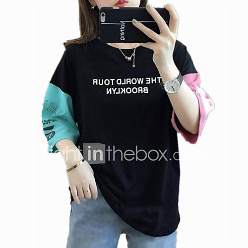 Dames Patchwork Print T Shirt Effen Kleurenblok Letter Wit huismerk kopen in de aanbieding